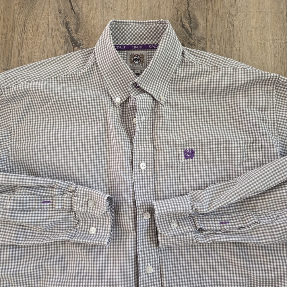 Cinch Shirt Mens S White Tan Check Long Sleeve Button-Up Cotton Western Rodeo